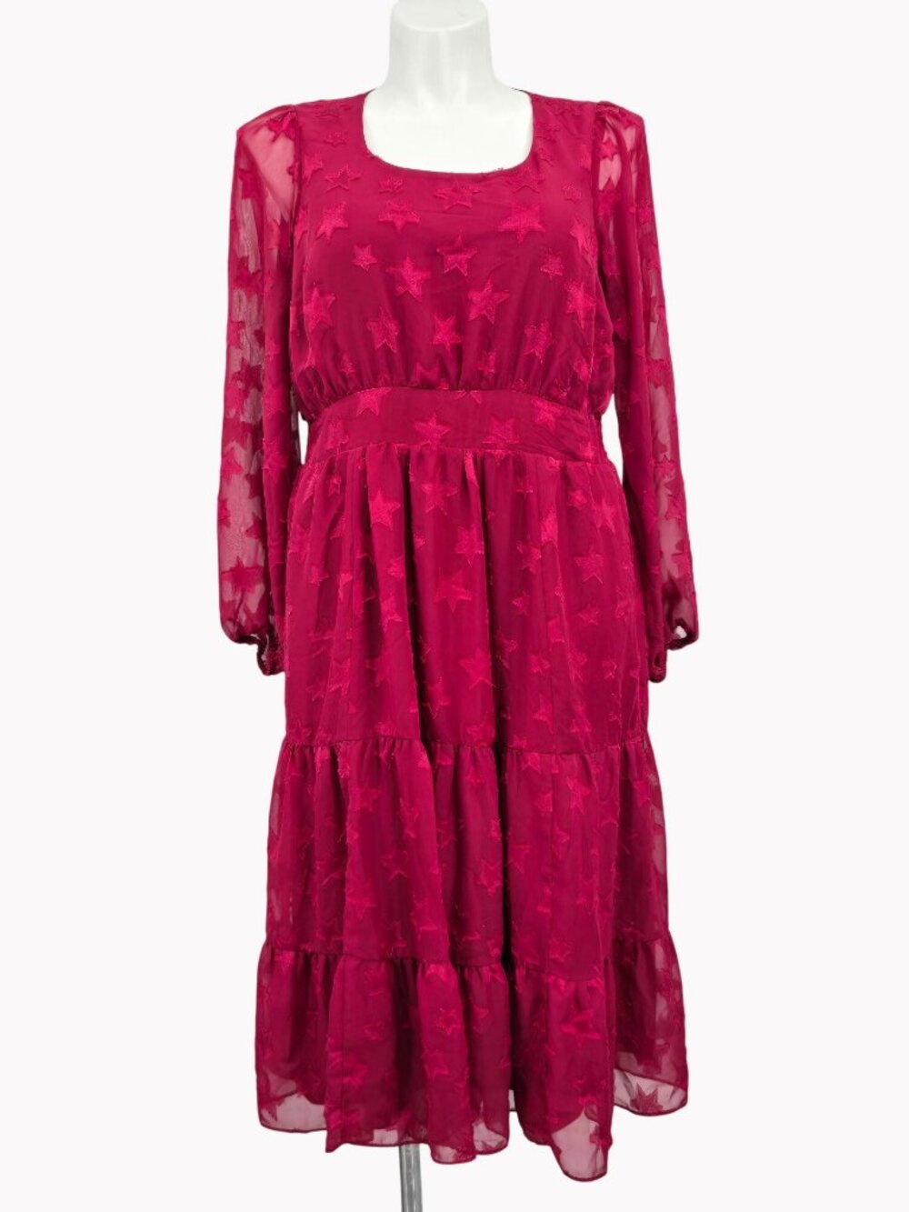 Torrid 0 Size 12 Burgundy Star Clip Dot Chiffon Tiered Midi Dress Balloon Sleeve